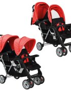 vidaXL acél piros és fekete tandem babakocsi