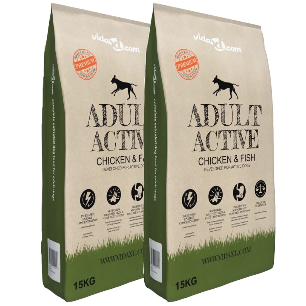 vidaXL „Adult Active Chicken & Fish” prémium száraz kutyatáp (2 x 15 kg)