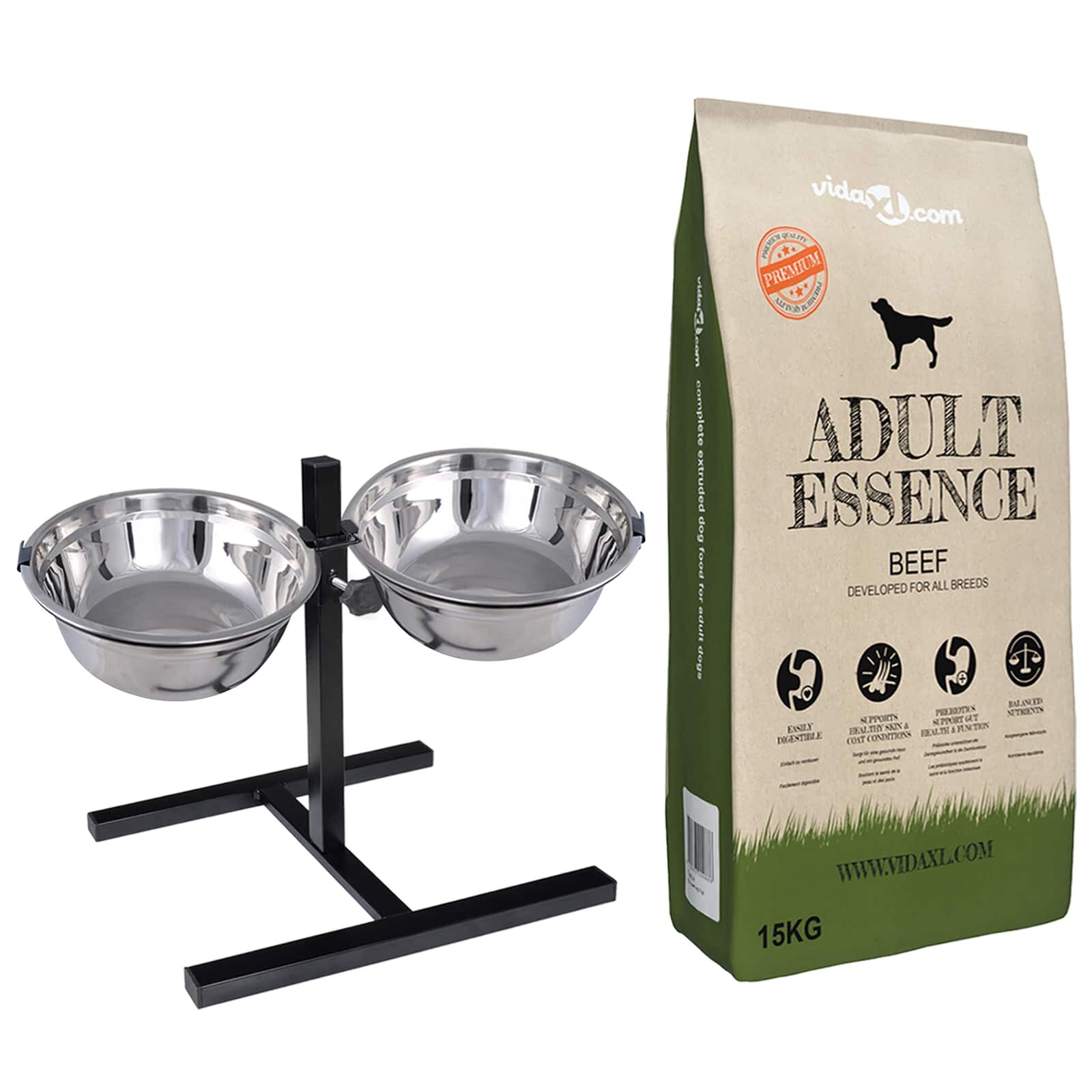 vidaXL Etető Állvány és Tál Kutyatáppal Ezüst és Fekete 575 x 26 cm