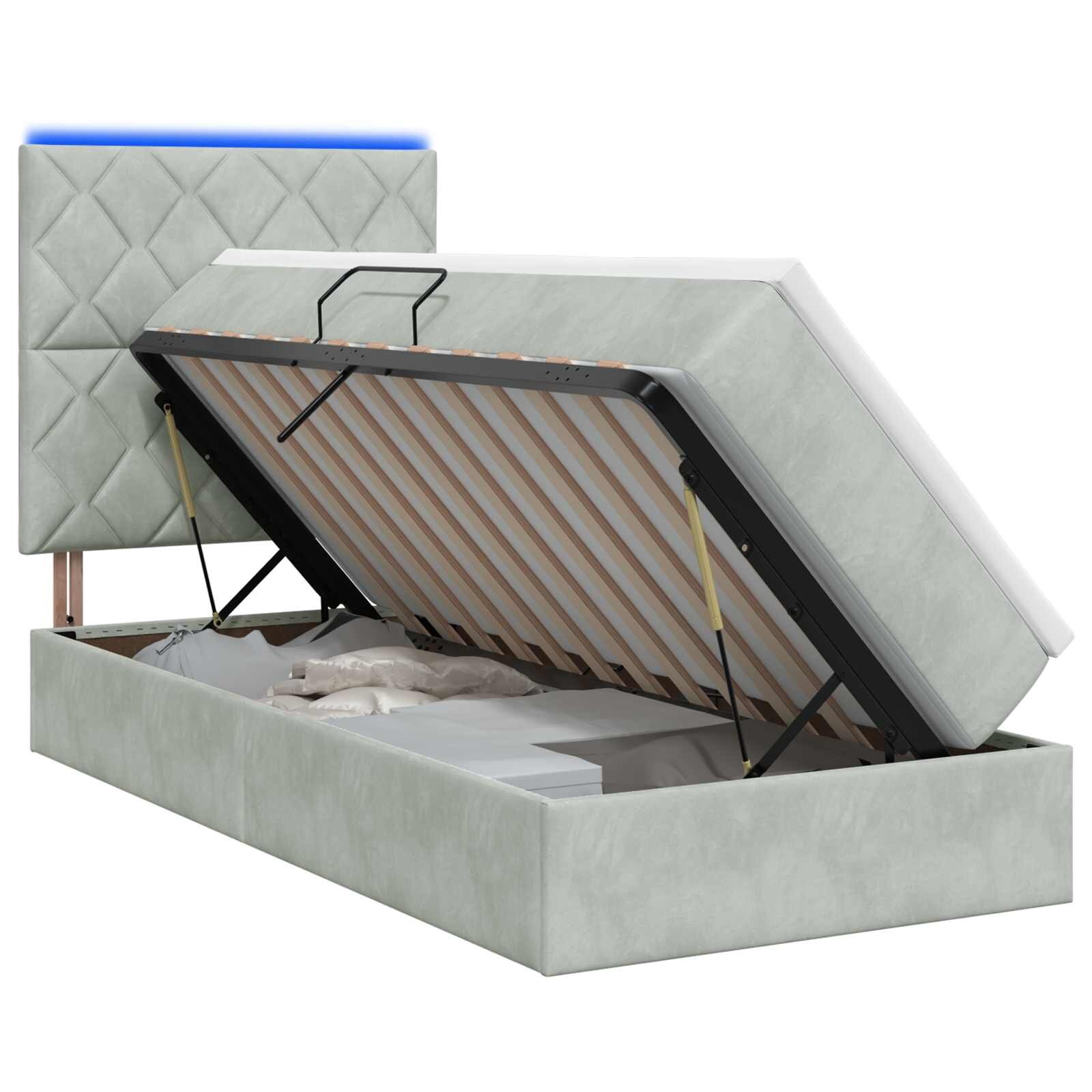 vidaXL LED tárolós ágy matraccal Világosszürke 90 x 200 cm Bársony