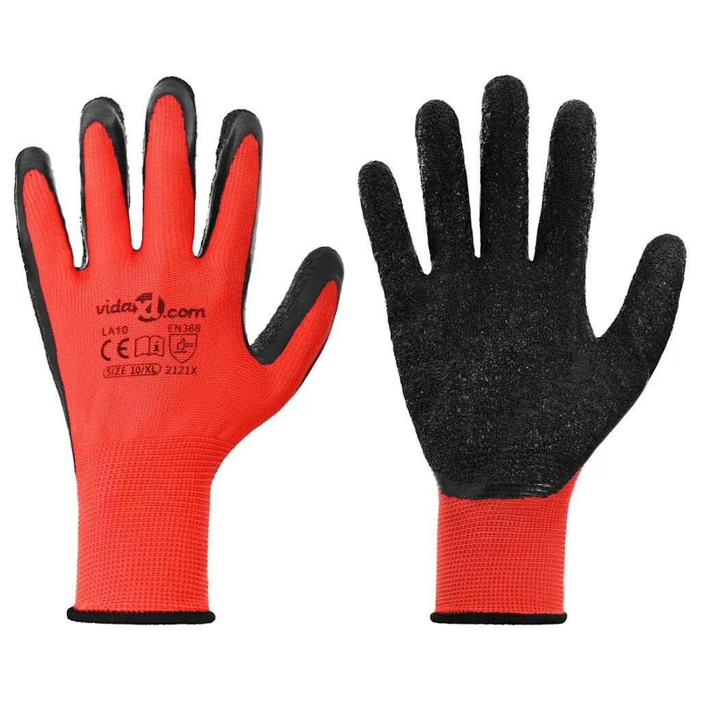 vidaXL Munkakesztyűk 12 db Piros és Fekete 10 / xl Latex bevonat