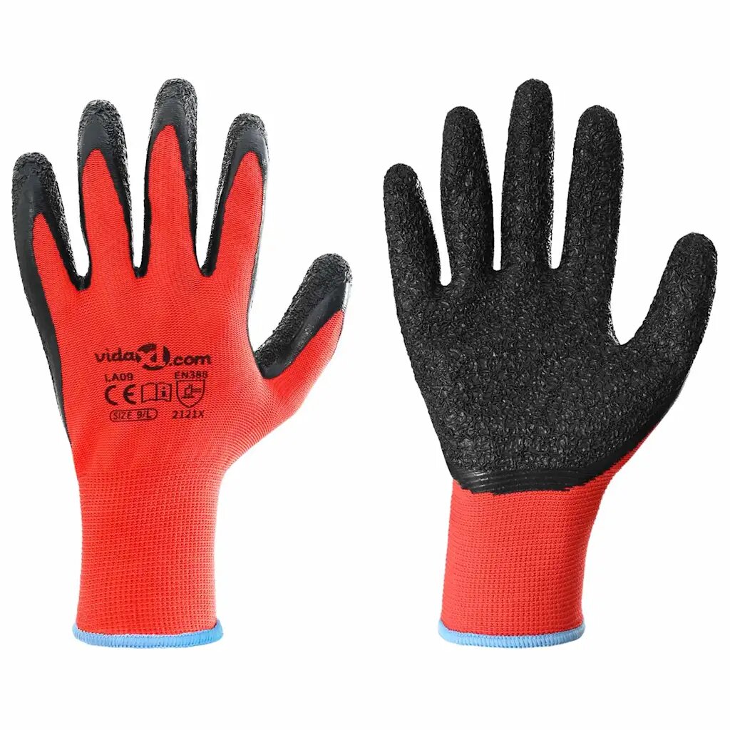 vidaXL Munkakesztyűk 12 db Piros és Fekete 9 / l Latex bevonat