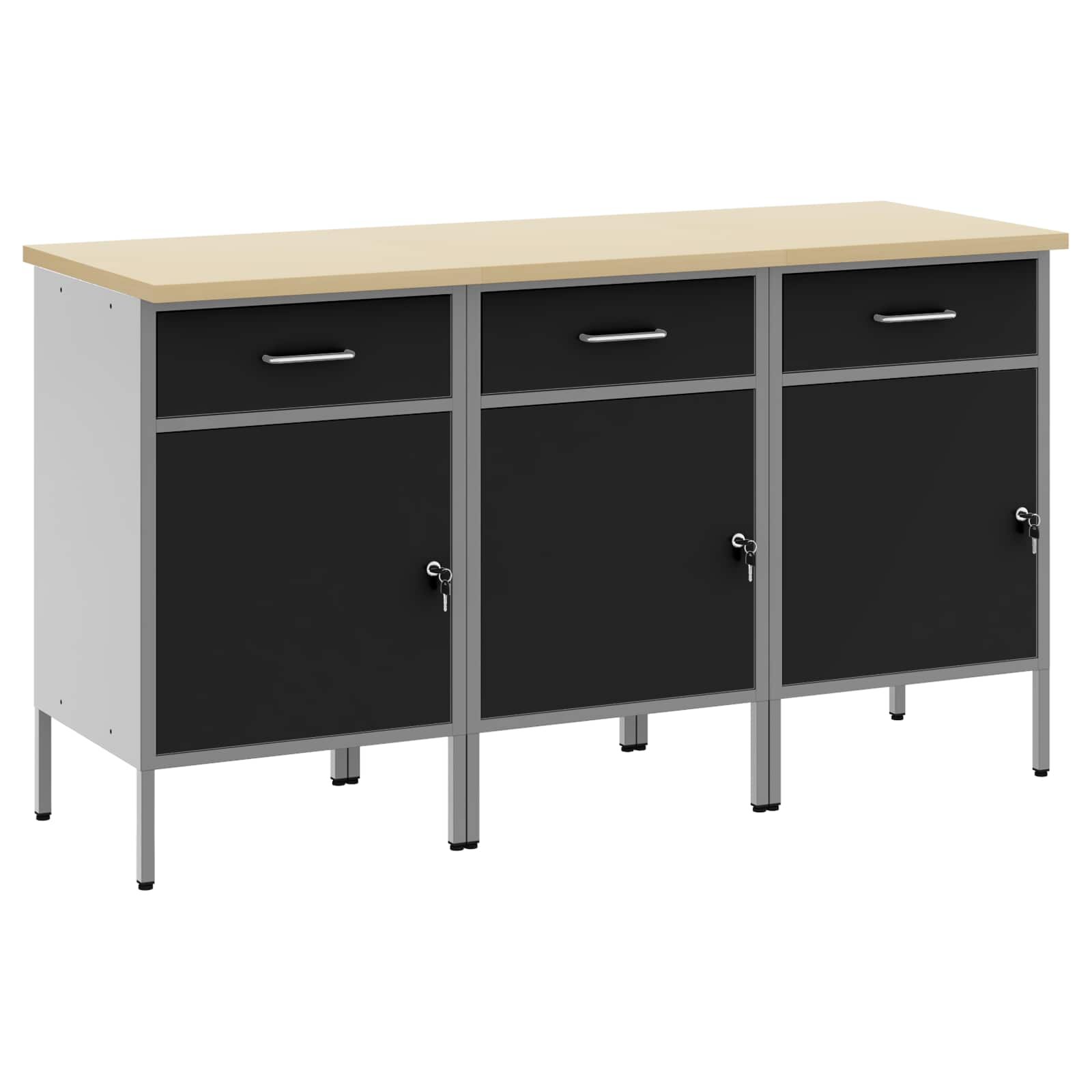 vidaXL Munkaszekrény fiókkal 3 db Fekete és Szürke 150 x 55 x 85 cm