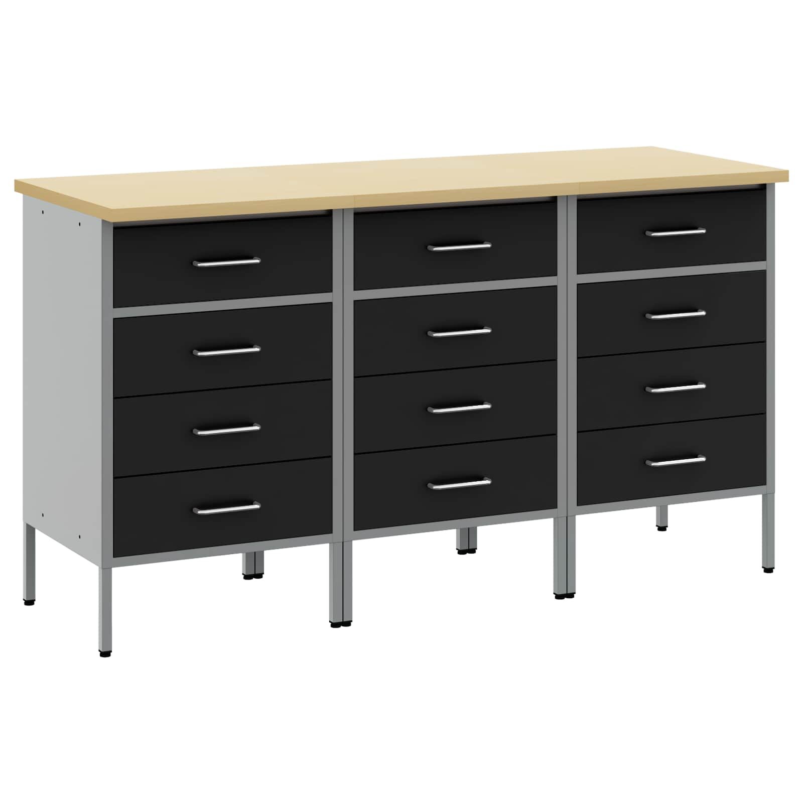 vidaXL Munkaszekrény fiókkal 3 db Fekete és Szürke 150 x 55 x 85 cm